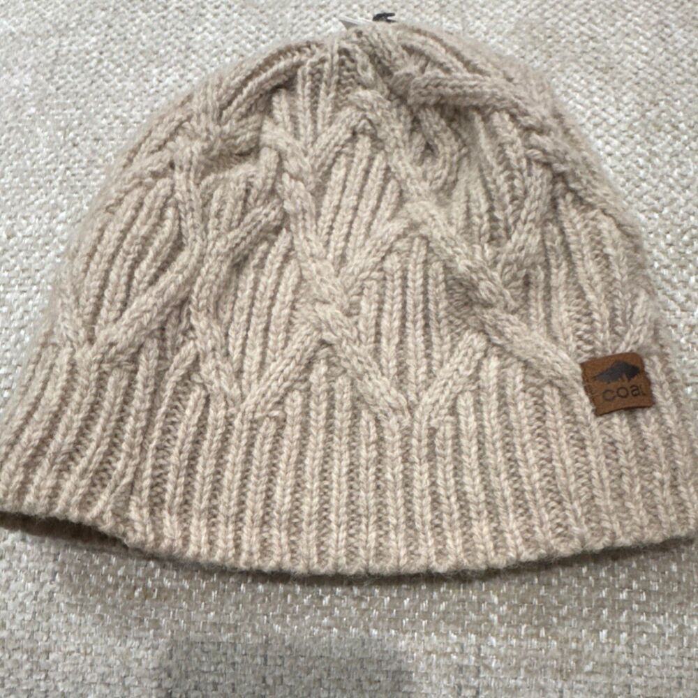 Coal Women's Beige Cable Knit Beanie Hat Logo Stretch One Size